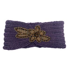 Purple Knit Beaded Floral Ear Warmer Headband Womens Winter Accessory Snow Boho